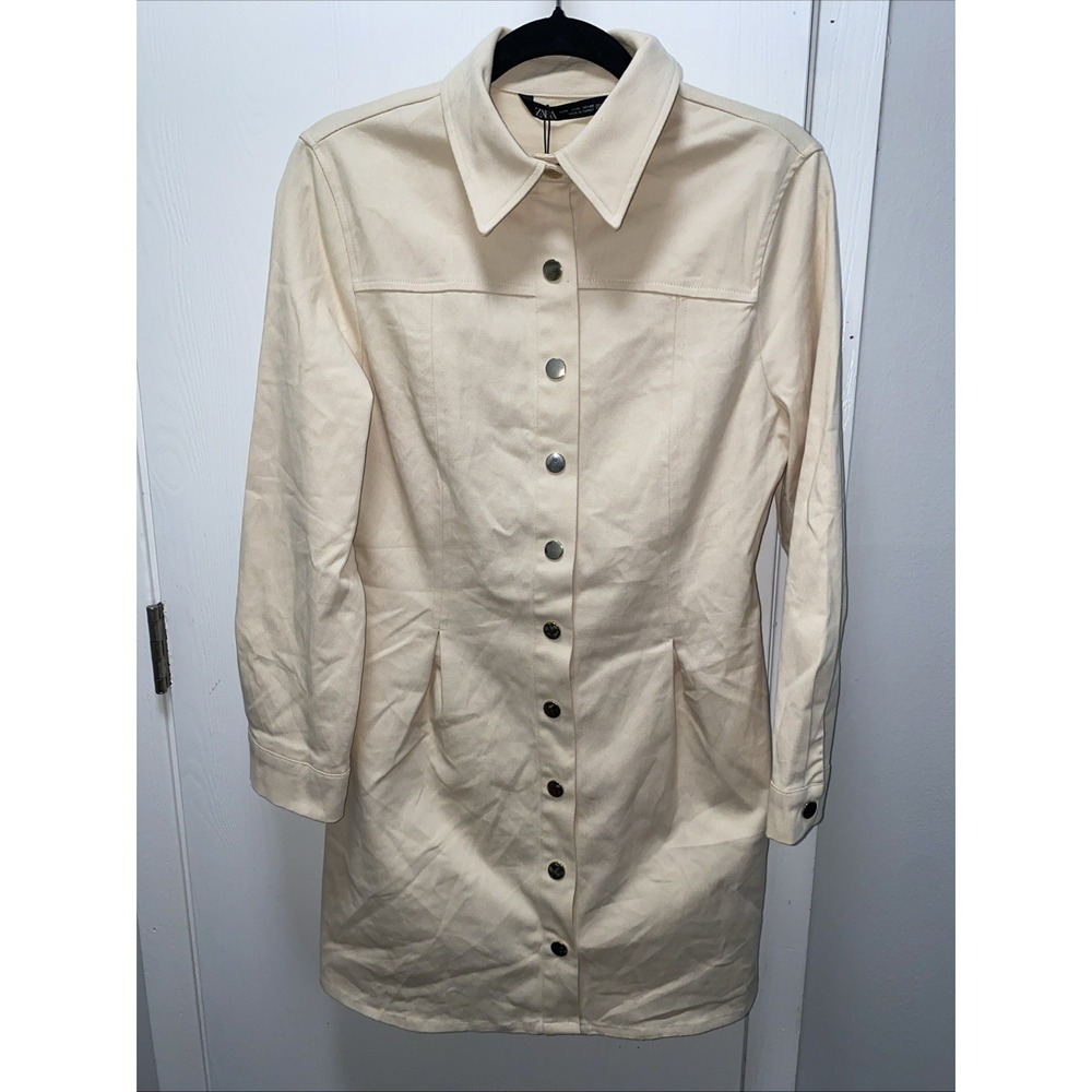Nwt Zara Cream Button Front Mini Shirt Dress Women's M Long Sleeve Collared
